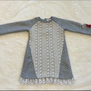 Quilted Dress with Lace Appliqué and Embroidered Flowers on Sleeve